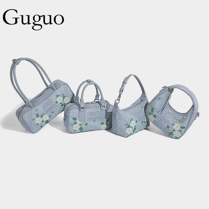 Guguo Free Shipping Designer Shopping Trendy Embroidered Denim Tote For Women 2025 New Handbag Fashionable High-end Shoulder Crossbody Bag
