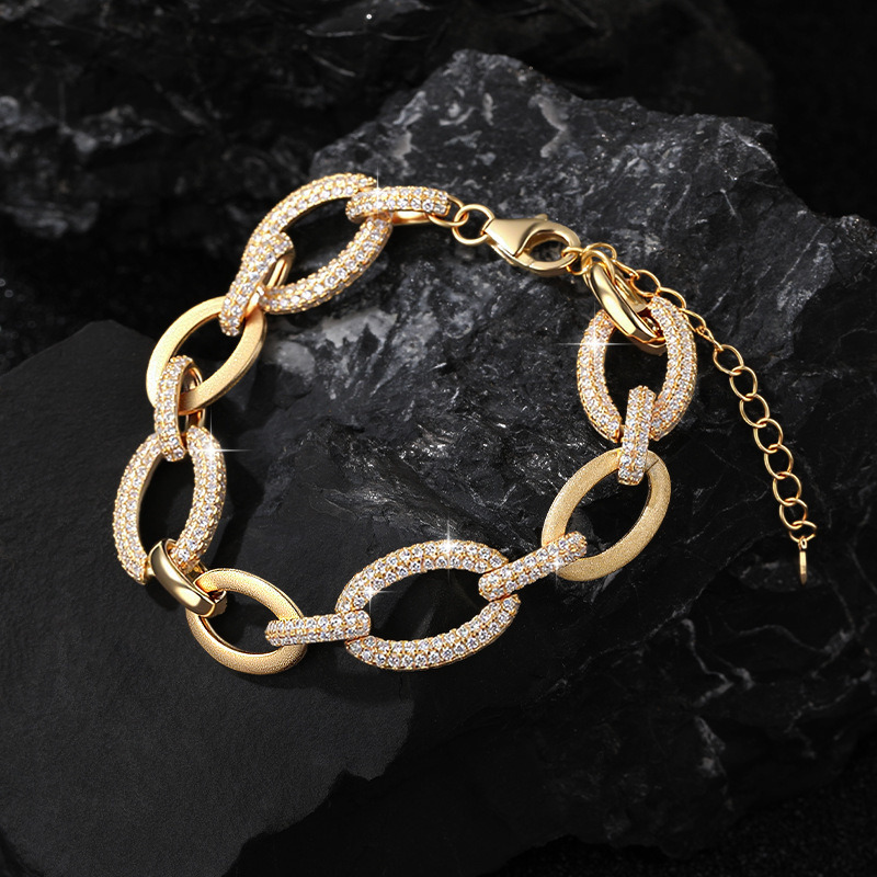 Punk Style Chain S925 Sterling Silver 14k Gold Plated Paper Clip Ring Inlaid Moissanite Bracelet for Women Jewelry Gift