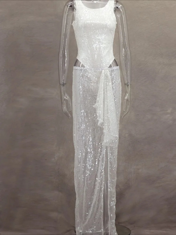 Elegant Sequined Skirts Two Piece Sets Women Holidays Party Suits Sexy Bodysuit and Slit Long Skirts Club Dress Sets 250906