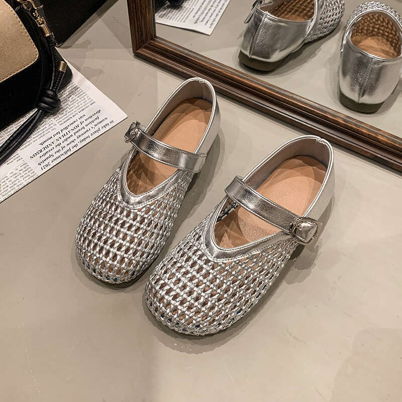 Korean Style Hollow Mesh Sandals 2025 Summer New Flat Soft Comfortable Shallow Mary Jane Shoes Clogs