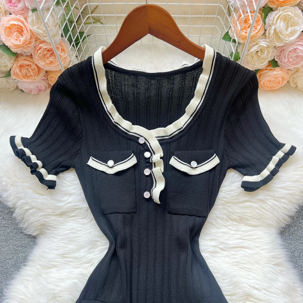 YuooMuoo Chic Fashion Sexy Package Hips Knitted Mini Dress 2025 Summer Women Elegant Black Ruffled Party Dress Streetwear250920