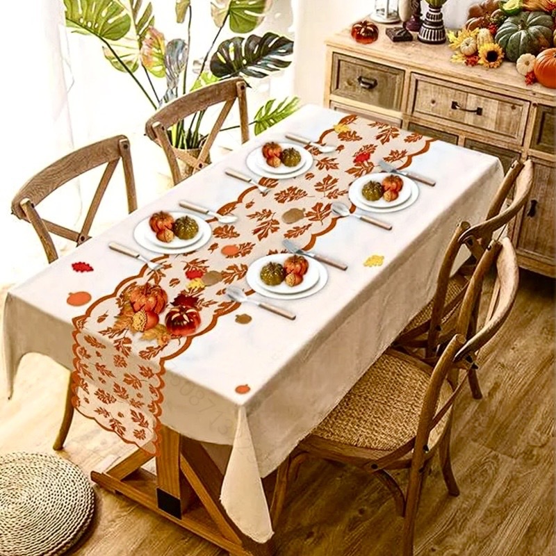 90234 Leaf design table runner, Thanksgiving elegant brown tablecloth, autumn dinner party fire towel, autumn harvest decoration Tablecloth