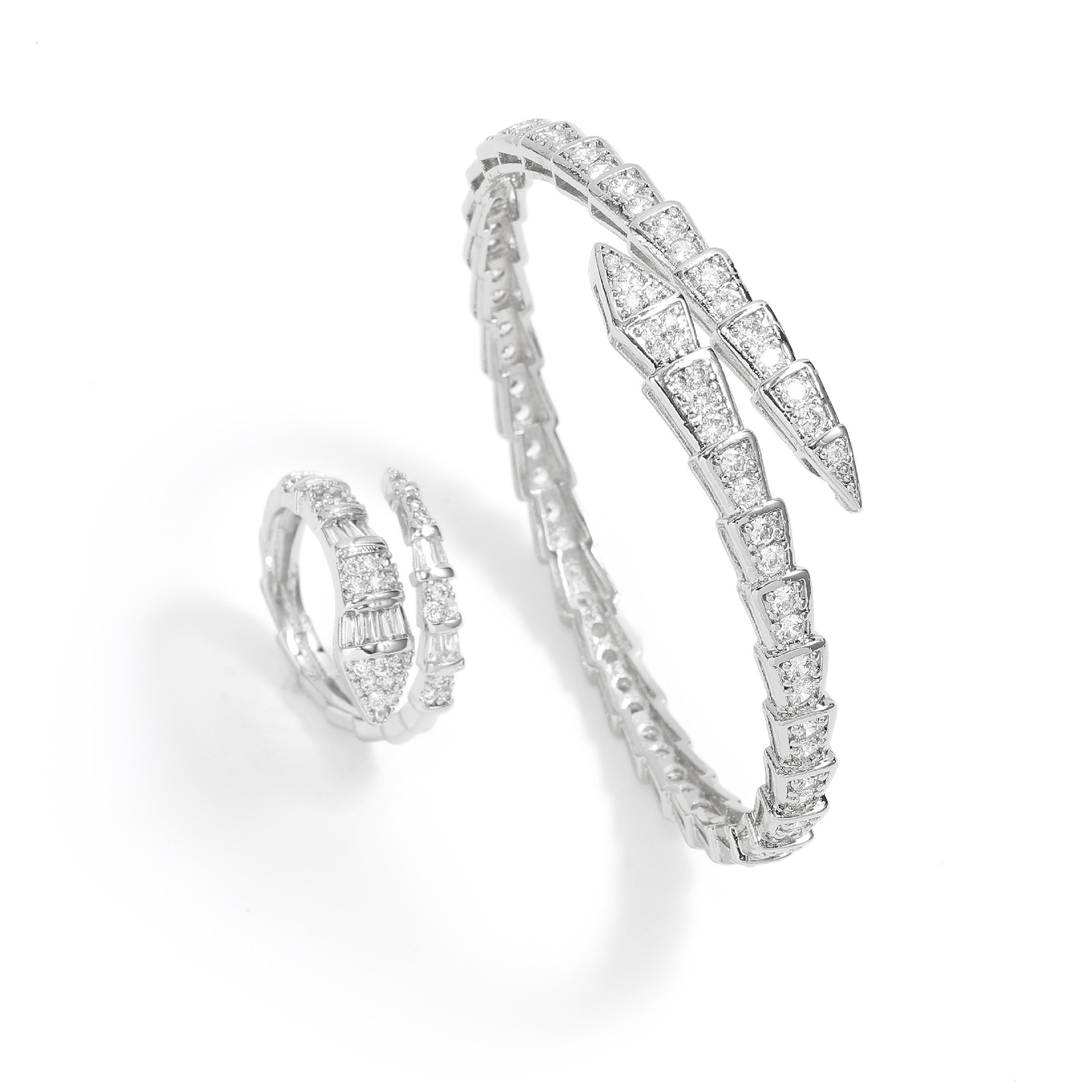 Luxury Brand Designer Jewelry New Micro-Inlaid Zircon Snake Bracelet Light Luxury Full Diamond Snake Bone Ring Spring Open Fashion Women's Ring J