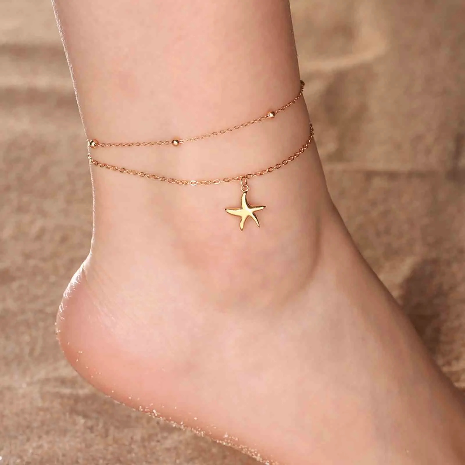 Kkjoy Fashion Stainless Steel Gold Color Double Layers Shell Anklet For Women Starfish Charms Foot Chain Jewelry Accessories 250906