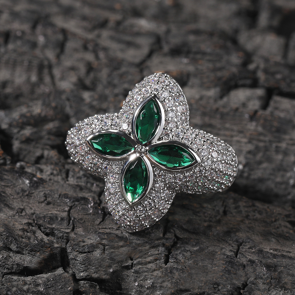 Luxury Brand Designer Jewelry European And American Clover-Shaped Zircon Ring High-End Niche Full Diamond Flower-Shaped Green Diamond Jewelry Ring Who