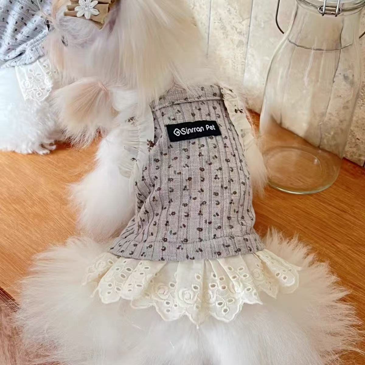 T1151 Pet Knitted Printed Vest Dress Japanese and Korean ins Style Lace Princess Dress
