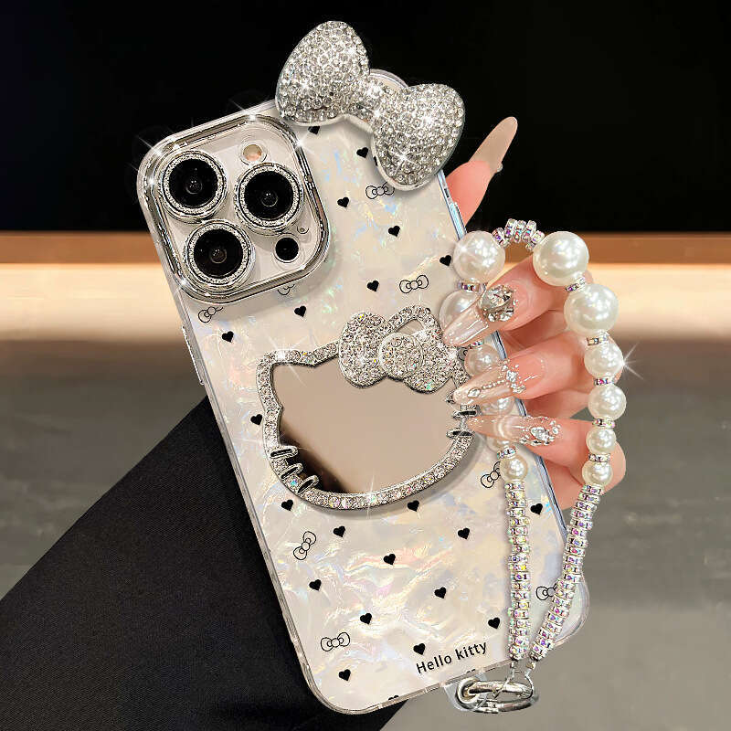 DHgargets KT Cat Mirror Bracelet Compatible with Apple 16 Pro Phone Case 13 Sparkling Diamond Bowknot 15 High-end Feel 14 for Girls 12