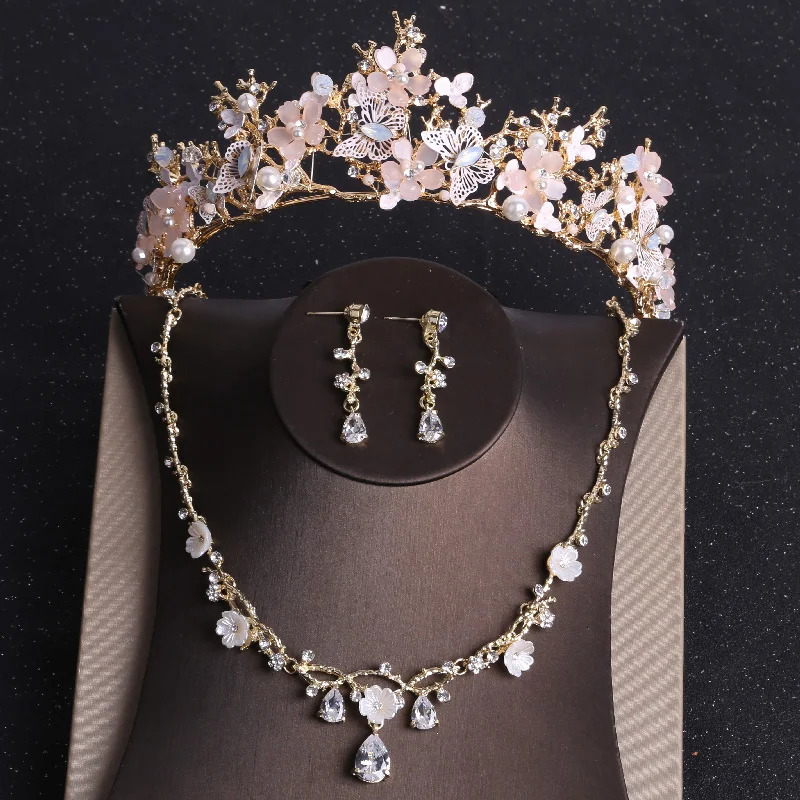 Baroque Gold Color Butterfly Crystal Costume Sets Rhinestone Choker Necklace Earrings Tiaras Crown Wedding Jewelry Set 250906 Z260313