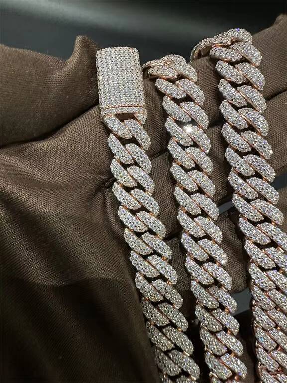 Merchant Direct Sales Vvs Moissanite 925 Pure Silver Plated With 18k Rose Gold Curling Iron Cuban Chain 10mm22 Inches