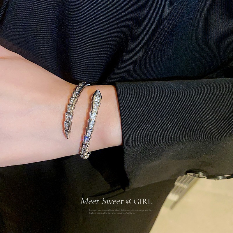 Luxury Brand Designer Jewelry Real Gold Plated Sweet Cool Style Snake Bone Bracelet For Women, Niche Design, Silver Color Full Zircon Snake Shape Adju