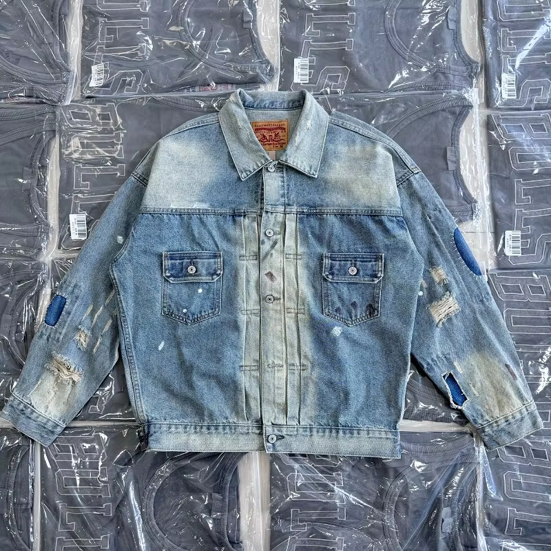 Heavy Duty Street Hole Damaged Washed Distressed Denim Jacket Men Women Blue Loose Personalized Graffiti Trendy Jacket