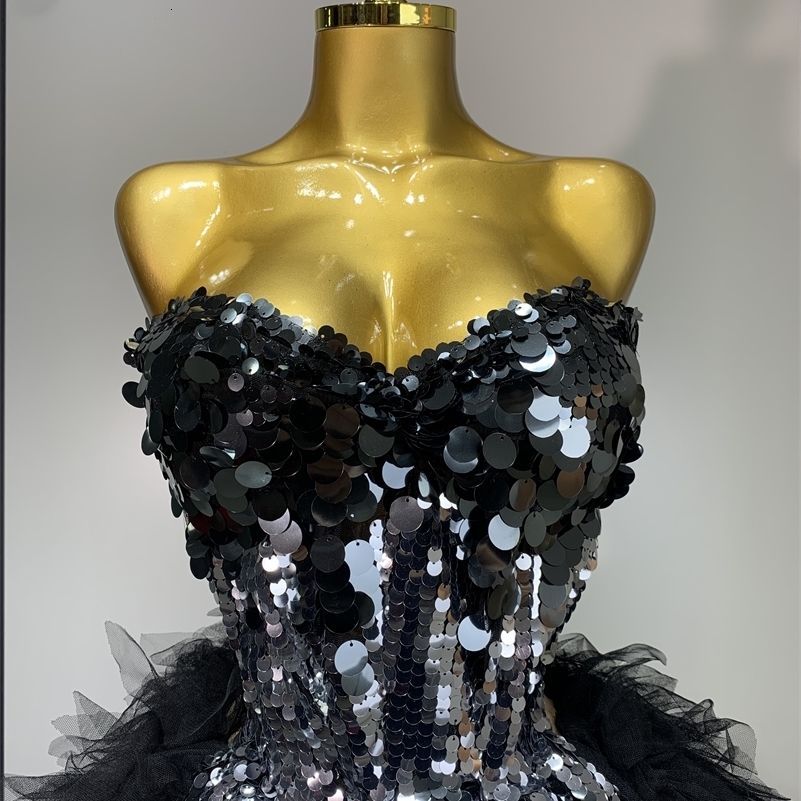 Sparkly Black Sequins Two Pieces Set for Women Party Evening Prom Celebrate Birthday Po Shoot Dress Nightclub Dance Costume 250906