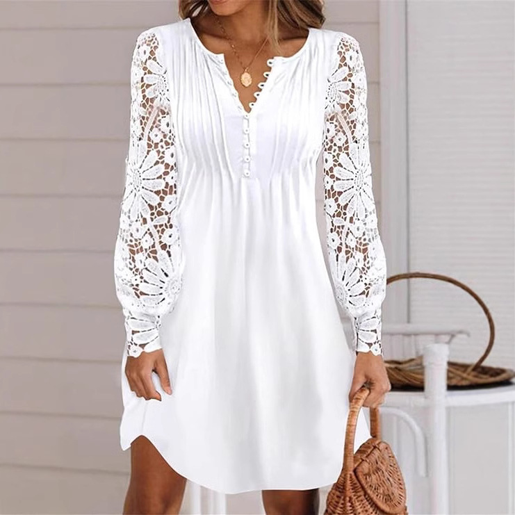 K91European and American plus size women's new casual lace splicing solid color dress
