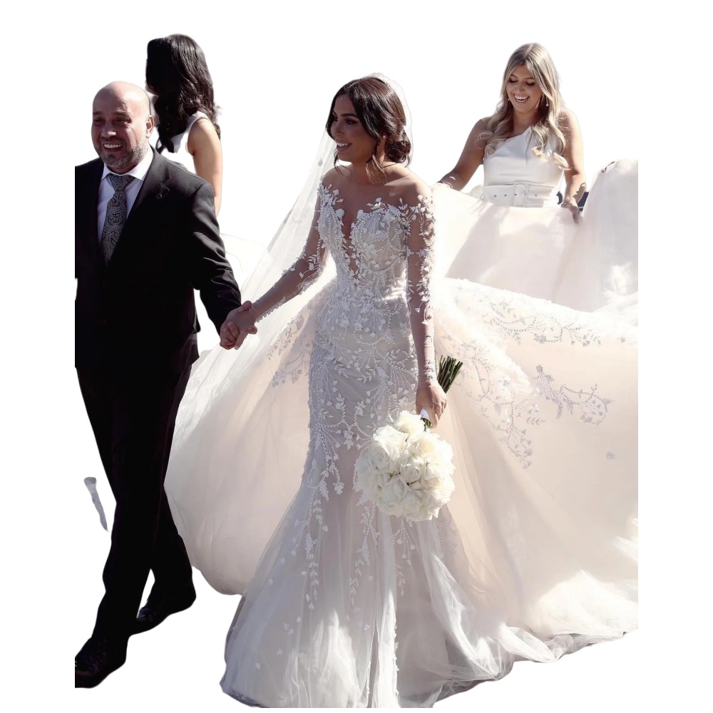 2025 Gorgeous Lace Mermaid Wedding Dresses Overskirts Illusion Long Sleeves Wedding Dress Lace Appliques Crystal Beads wedding bridal gowns