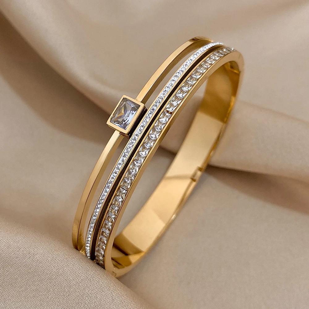 Gold Tone Luxury Jewelry Stainless Steel Cuff For Women and Men Silver Color Couple Bracelets Green White Rhinestone Wide Bangle Full Diamond Bracelet - view 4
