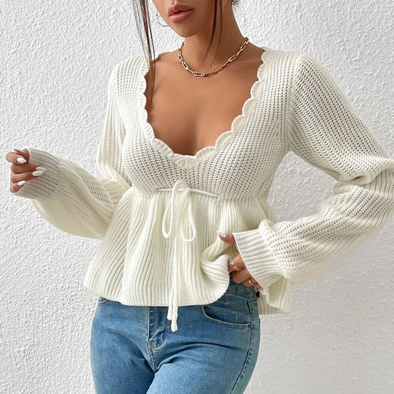 Designer clothing women's lantern sleeve knitted sweater