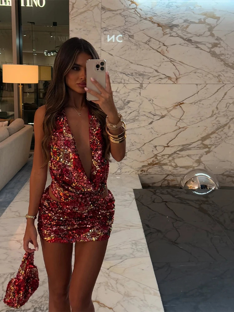 Colorful Sequin Halter PlungeNeck Set Sleeveless Backless Vest Bodycon Mini Skirt Summer Party Chic Suit Sexy Lady Outfit 250906