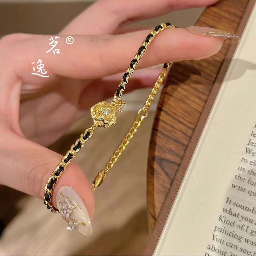DHEssentials Nano Vacuum Coated Camellia Bracelet - Women's Luxury Black Gold Leather Cord Weave Court Style Accessory