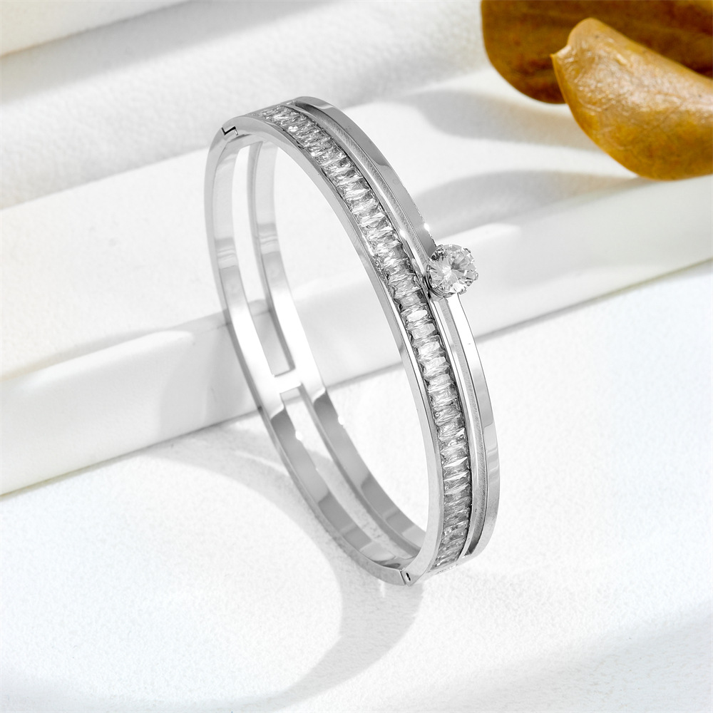 Gold Tone Luxury Jewelry Stainless Steel Cuff For Women and Men Silver Color Couple Bracelets Green White Rhinestone Wide Bangle Full Diamond Bracelet - view 7