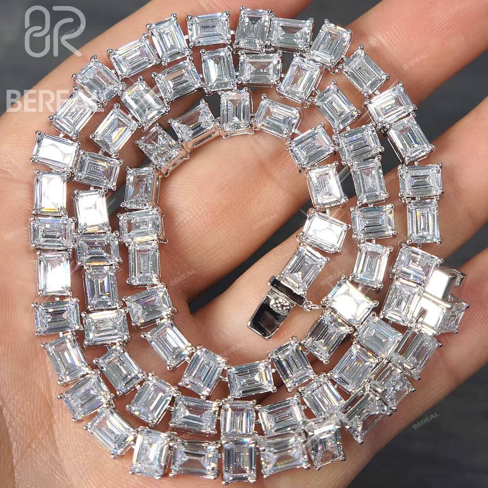 Hot Selling Emerald Cut Moissanite Tennis Necklace Fast Delivery White Gold 925 Sterling Silver Tennis Chain Moissanite Jewelry