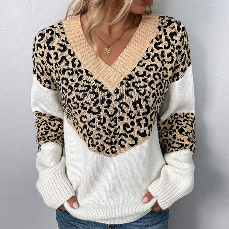 Designer Clothing Women's Knitted V-Neck Leopard Print Sweater