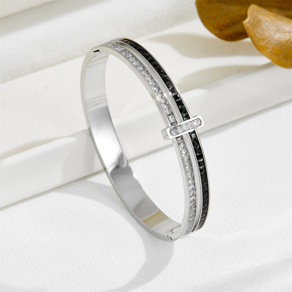 Gold Tone Luxury Jewelry Stainless Steel Cuff For Women and Men Silver Color Couple Bracelets Green White Rhinestone Wide Bangle Full Diamond Bracelet - view 9