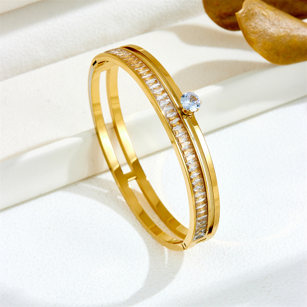 Gold Tone Luxury Jewelry Stainless Steel Cuff For Women and Men Silver Color Couple Bracelets Green White Rhinestone Wide Bangle Full Diamond Bracelet - view 5