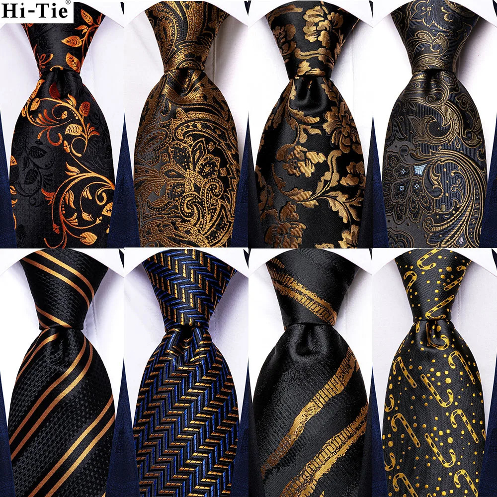 HiTie Black Gold Paisley Striped Silk Wedding Tie For Men Handky Cufflink Mens Necktie Fashion Business Party Dropship 250906