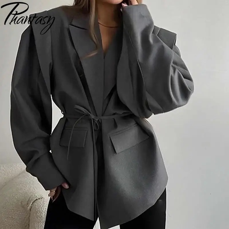 Phantasy Elegant Waist LaceUp Shoulder Padded Suit Jacket Womens HighEnd Sense Pure Color Casual Style 250906