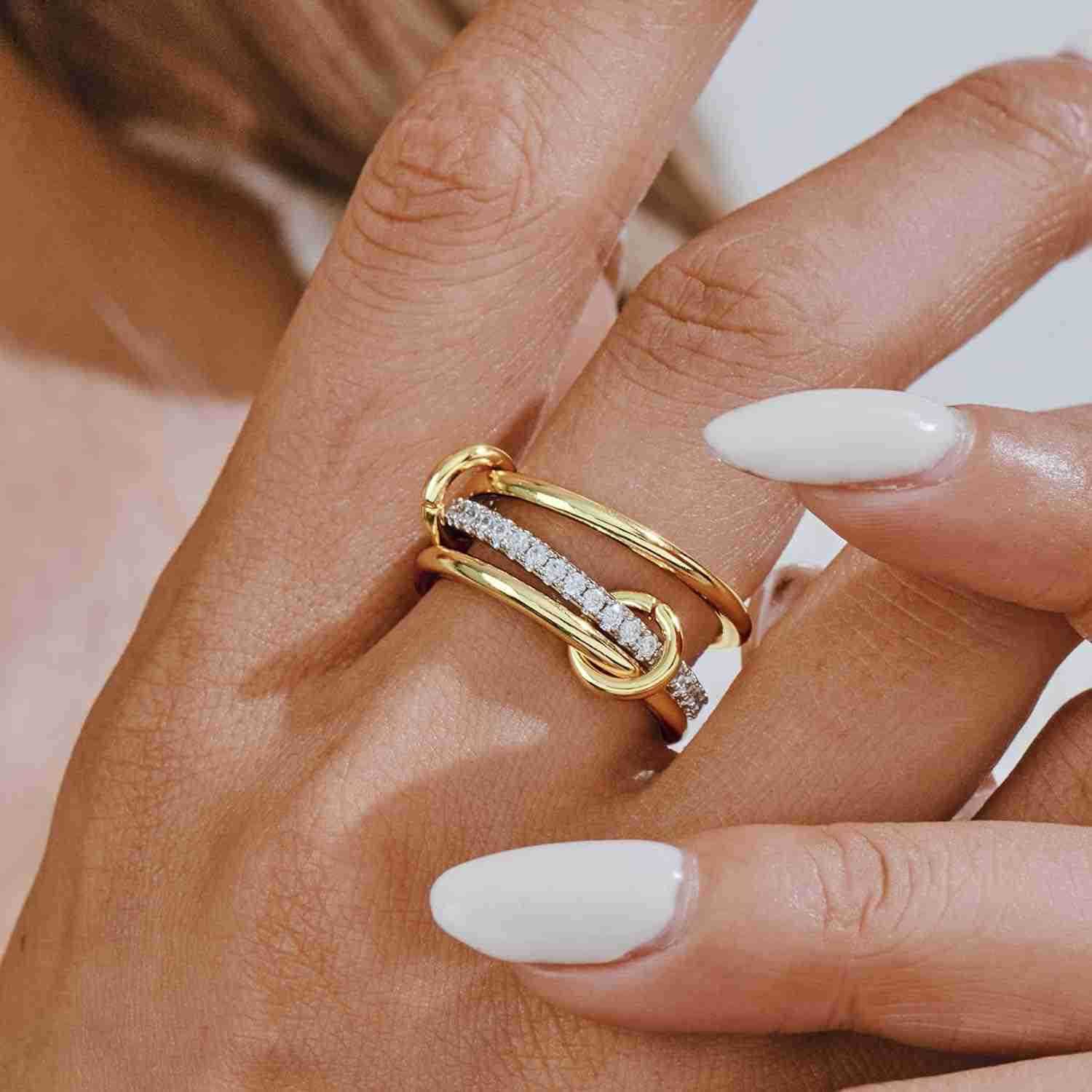 14K Gold Plated Stackable Rings 3 Ring Set with CZ Cubic Zirconia Gold Silver Stacked MultiLink Connected Interlocking Band for Women Statement Hypoal