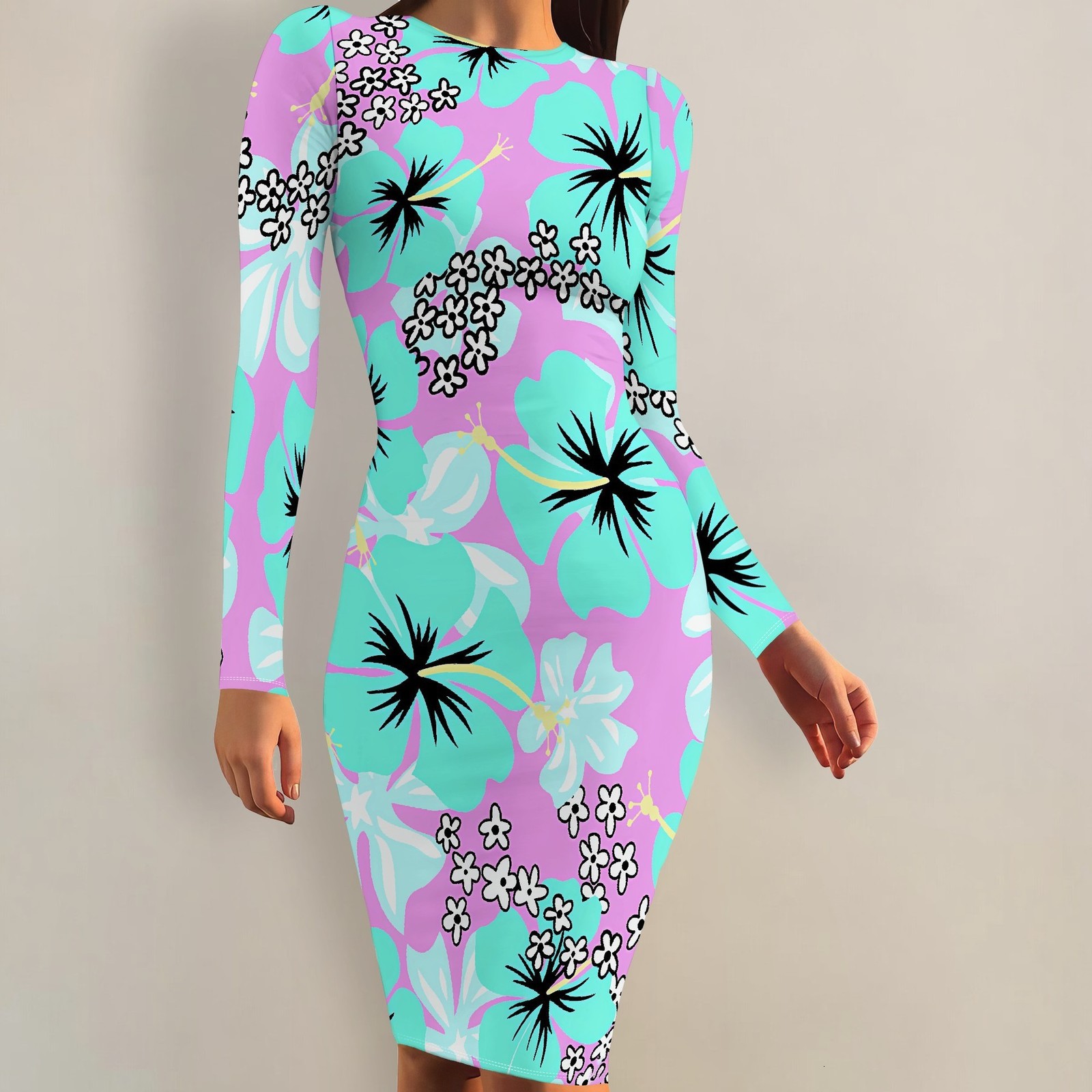Hotselling Womens Fashionable Commuting Casual Printed Longsleeve Round Neck Midlength Dress 210806