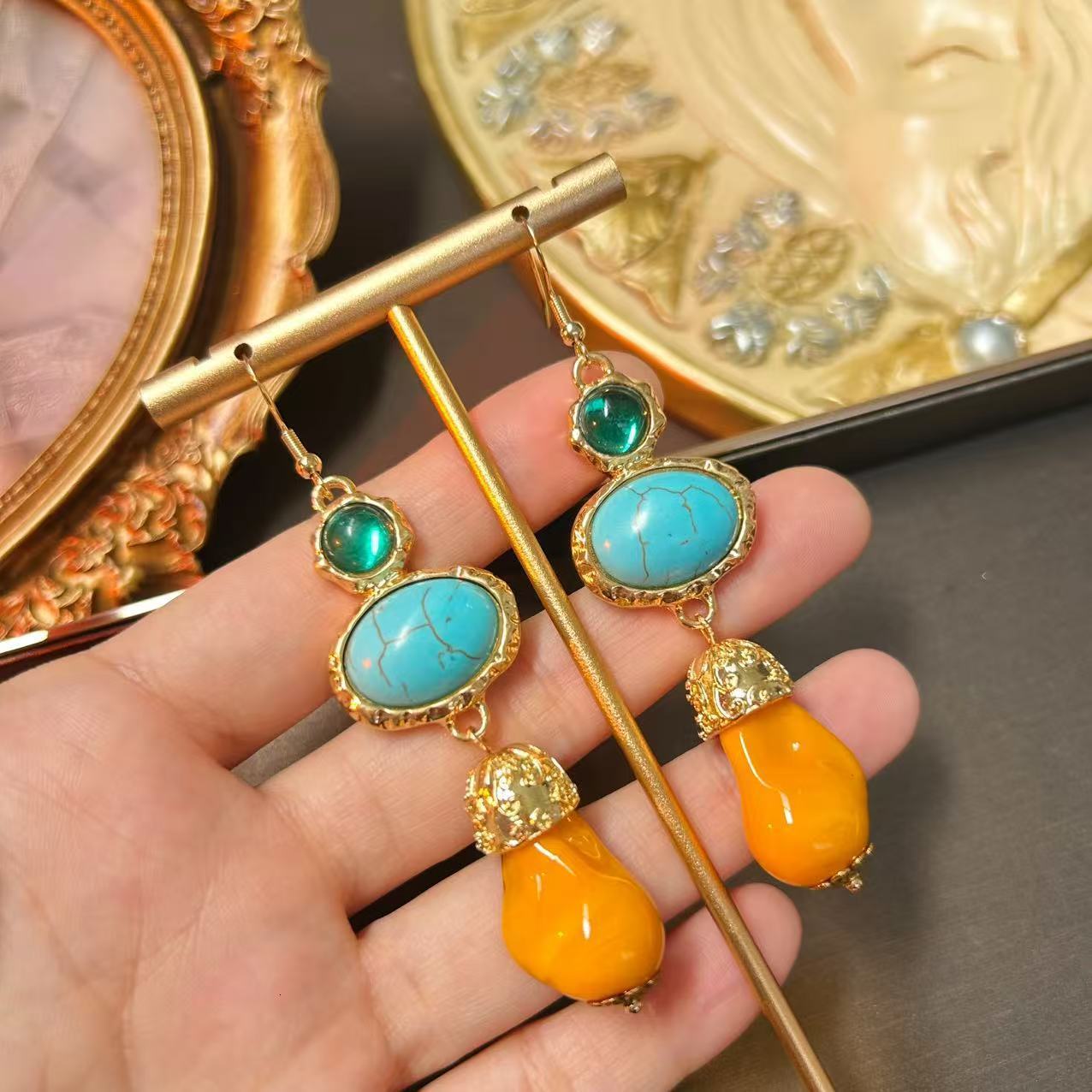 YYGEM Blue Turquoise Nugget Shape Gold Plated Brushed Bead Dangle Hook Earrings office style for women 240910