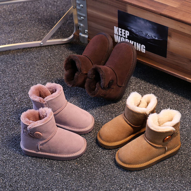 Free Shipping 2025 New Kids Genuine Leather Snow Boots Single Buckle Design Winter Thermal Thickened Anti-Slip Fleece Lined Booties for Boys Girls EU 