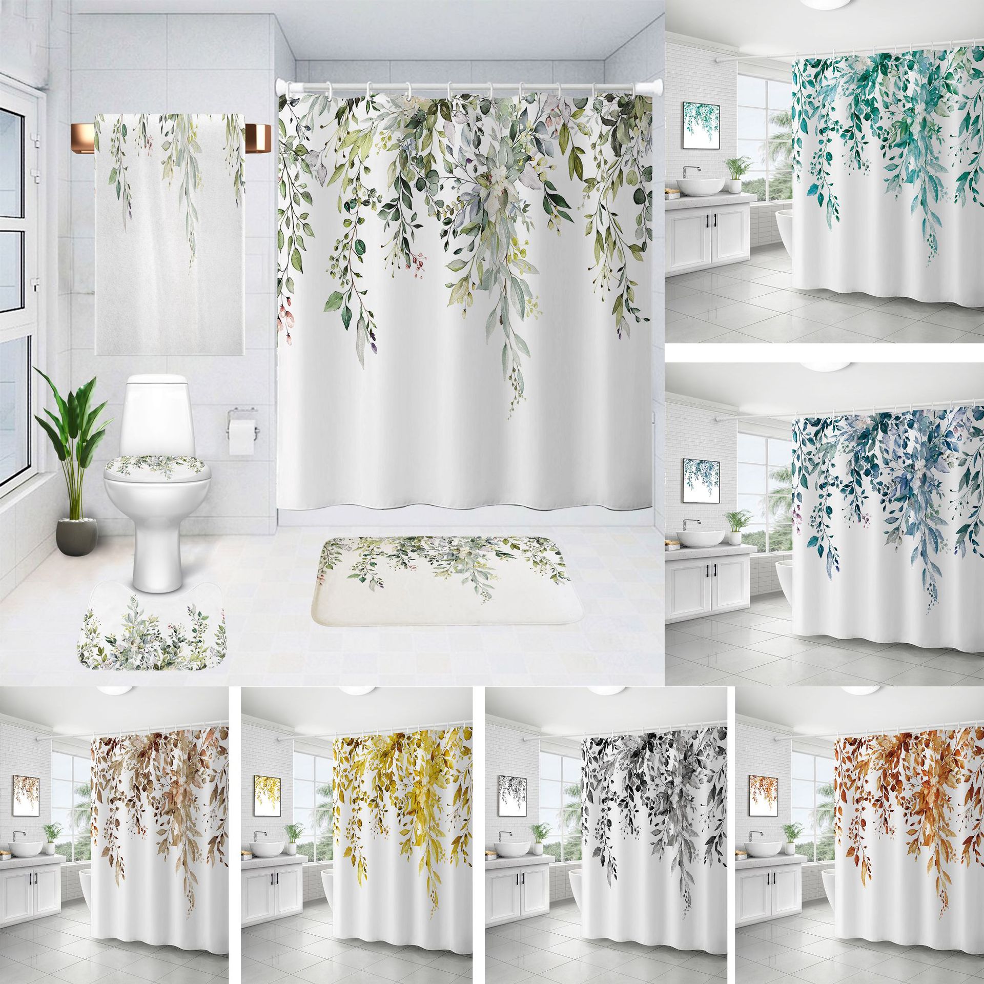 YL-37133 digital shower curtain cross-border plant flower waterproof polyester bathroom four-piece set dry and wet separation moisture-proof
