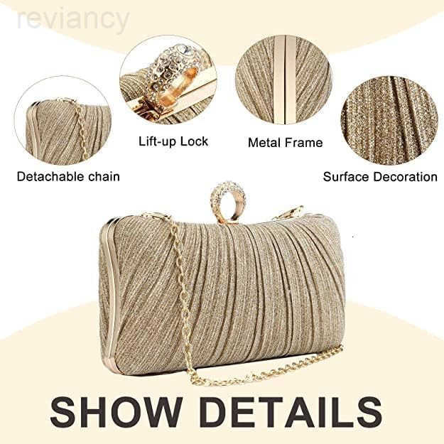 Evening Handbag Women Gold Glitter Clutch Purse Pleated Wedding Clutch for Bridal Wedding PartyW250908