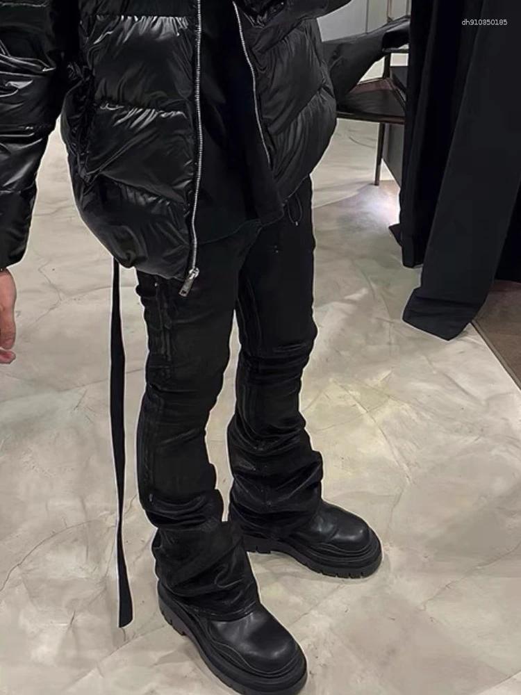 Dark Style Men's Jeans Hanrted Wax Coating Slim Fit Flared Youth Faion High Waist Button Closure Wear Resistant Long Pants For Teens