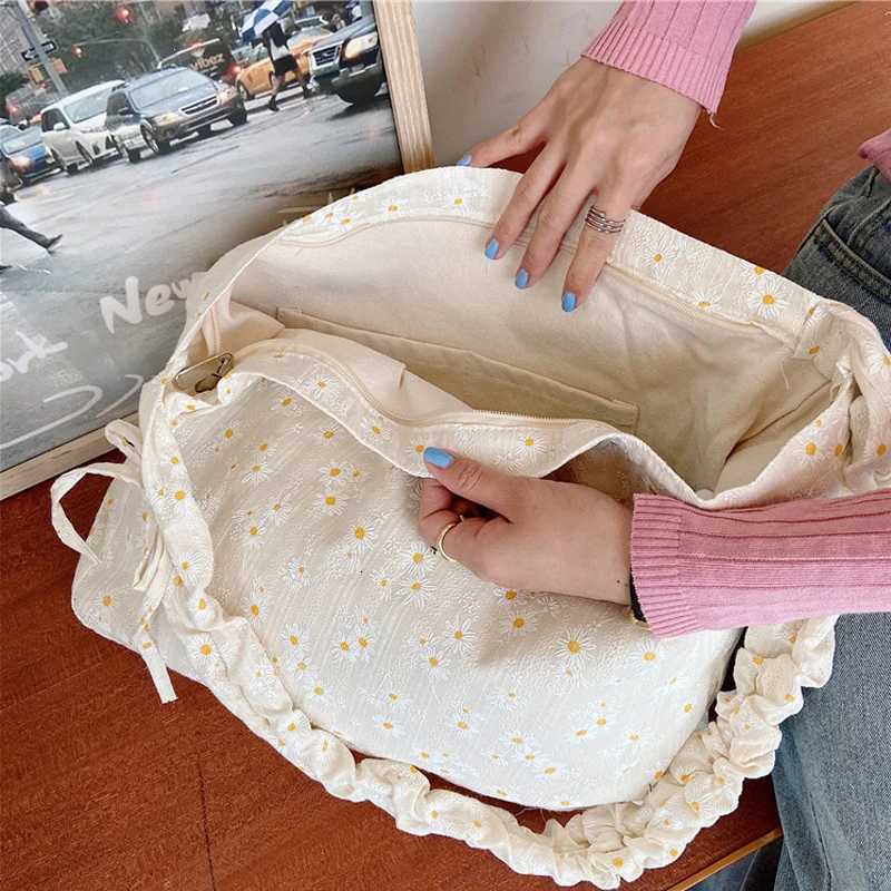 Daisy Print Women Canvas Shoulder Bag 3D Flower Coth Handbag Casual Tote Student Literary Books Purse Girls Eco Shopping Bags R250908