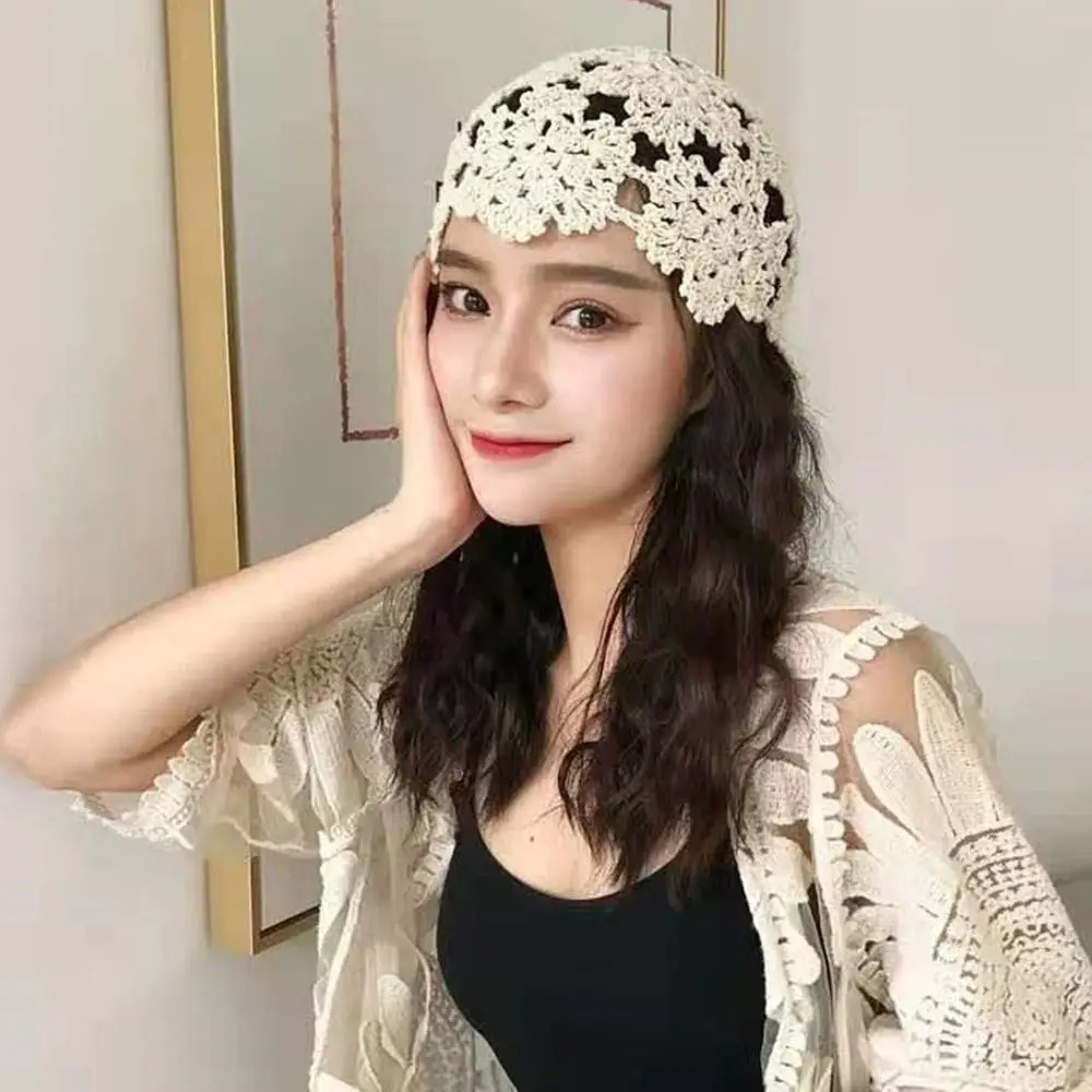 Summer Breathable Hollowed Out Knitted Hat Flowers Lace Beret Cap Fashion Casual Skullies for Women w250905