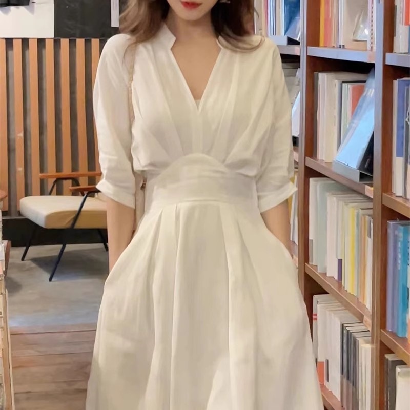 GC290 French gentle style temperament white shirt dress women's summer