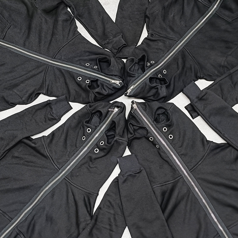 Men's Designer Hoodies High Street Fashion Hooded Sweatshirts Hole Design Zip Up Black Solid Clothing