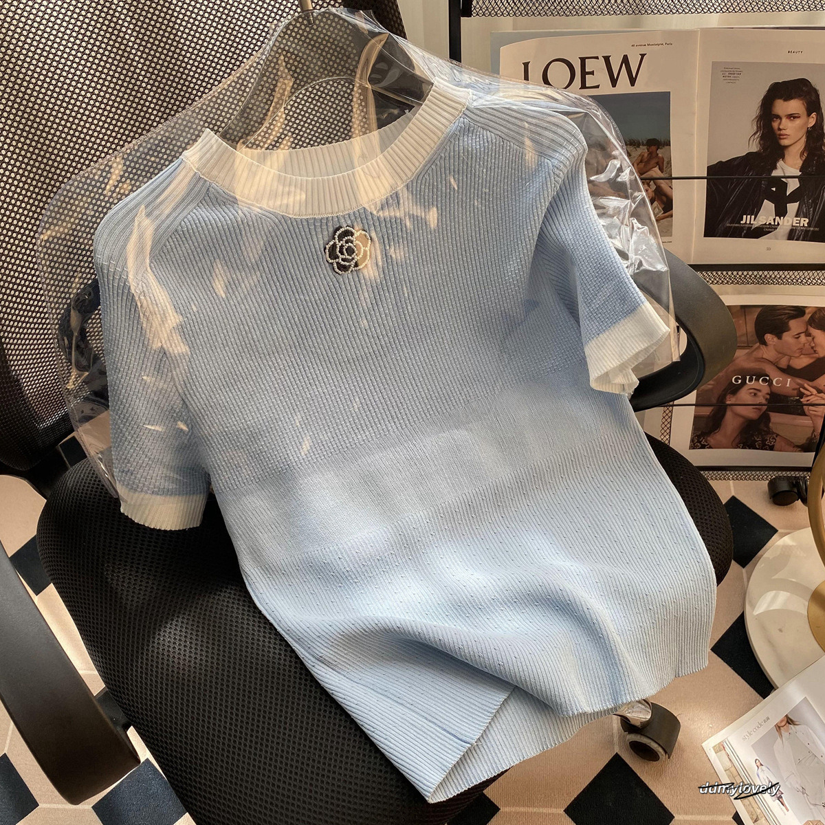 Summer New Fashion Round Neck Short Sleeve Women's Color Blocked Top Button Flower Knitted Versatile Style ddmylovely ddmylovely ddmylovely ddmyl