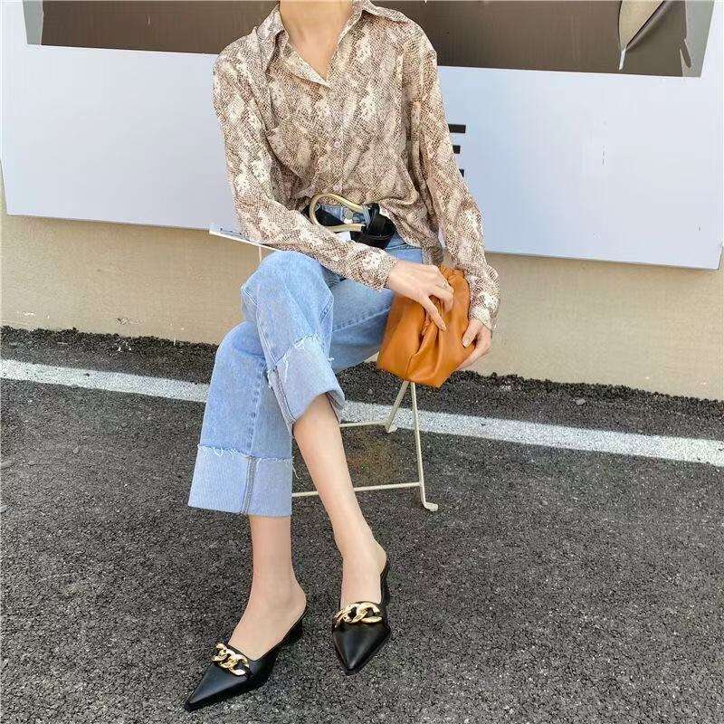 Summer Women New Black High Slippers Close Toe Block Heels Mules Designer Slip on Loafers Slides Party Shoes dh911463038