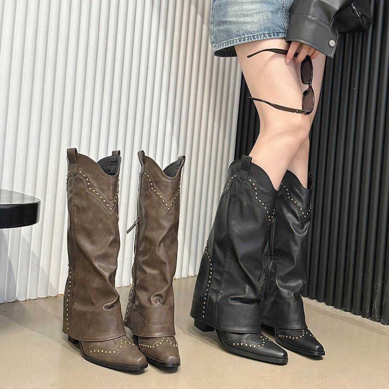 Versatile Thick Heel Long Boots with Rivets, Over-the-Knee Slim Western Cowboy High Boots for Women