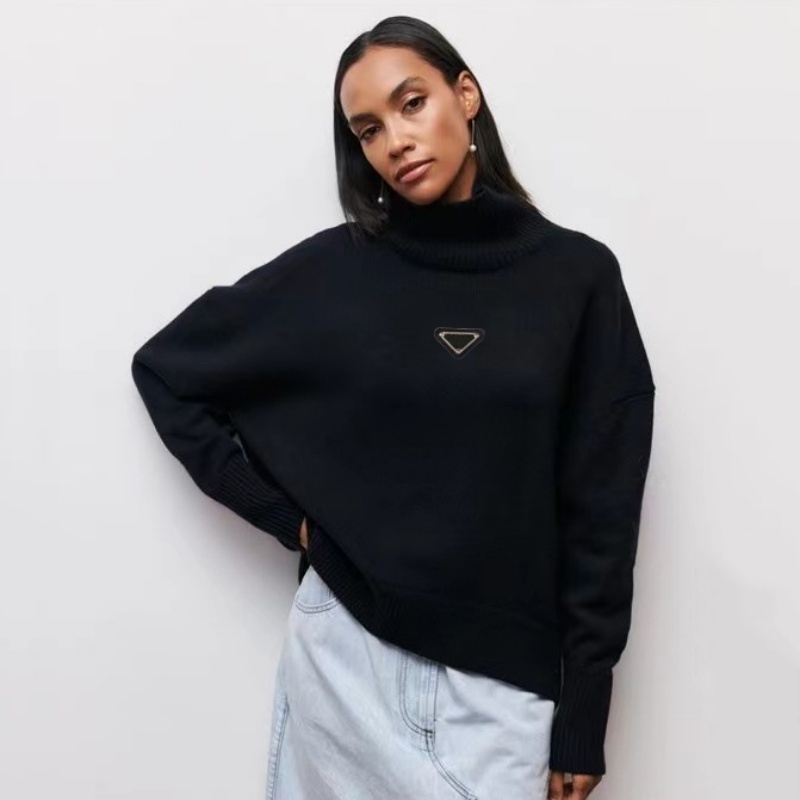2025 New Women's Autumn/Winter Fashion Luxury Sweater Loose Embroidered Triangle Brand Logo Women's Half High Collar Knitwear Sweater Top Asian Size S-4XL