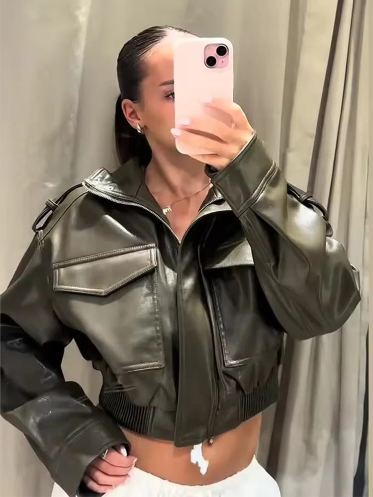 TRAF Fashion Faux Leather Jackets for Women Loose Zipper Long Sleeve Female Short Coats Autumn Lady Casual Outerwear 250908
