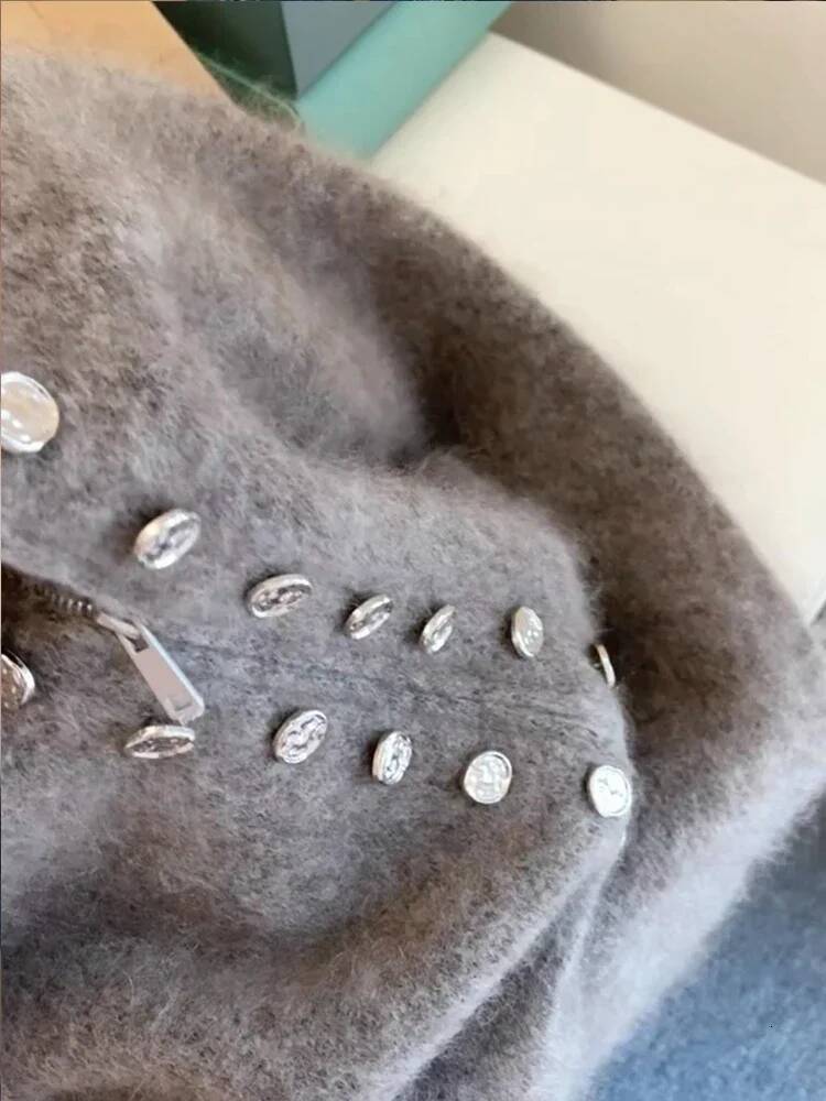 2025 new gray double breasted stand up collar sweater women's coat autumn and winter thick lazy style autumn and winter new designer clothing