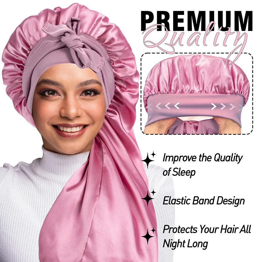 Large Hair Long Silk Bonnet Cap With Elastic Satin Hair Band Comfortable Head Cover Night Sleep Hat For Sleeping Shower250908