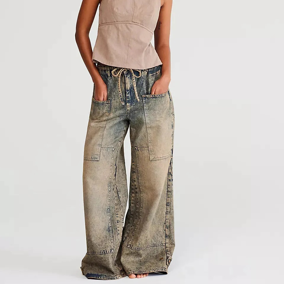 Women Fashion WideLeg Jeans Big Pockets Loose Denim Pants Spring Summer Casual Baggy Trousers Y2K Vintage Streetwear 250908