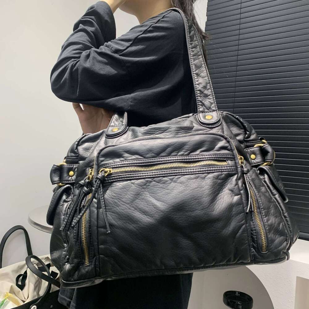 Women's Fashion Retro Tote Soft PU Leather Large Capacity Shoulder Bag Y2k Punk Multi Pocket Crossbody Handbag