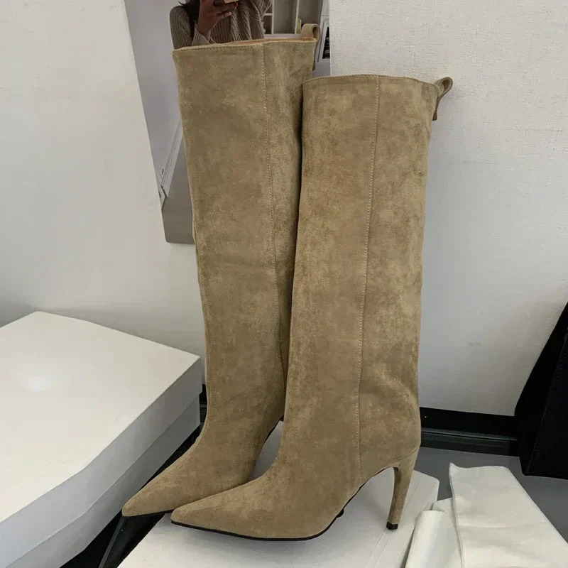 Aneikeh Concise Fashion KneeHigh Women Boots Thin Heels Shoes Female Winter Pointed Toe Long Booties Zapatos De Muje 250908